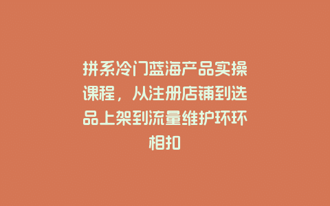 拼系冷门蓝海产品实操课程，从注册店铺到选品上架到流量维护环环相扣