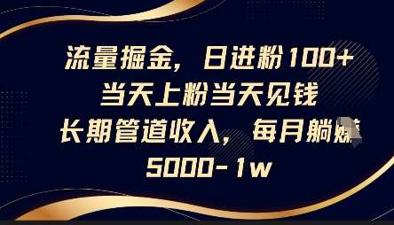 流量掘金，日进粉100+，当天上粉当天见钱，长期管道收入，每月躺挣5k