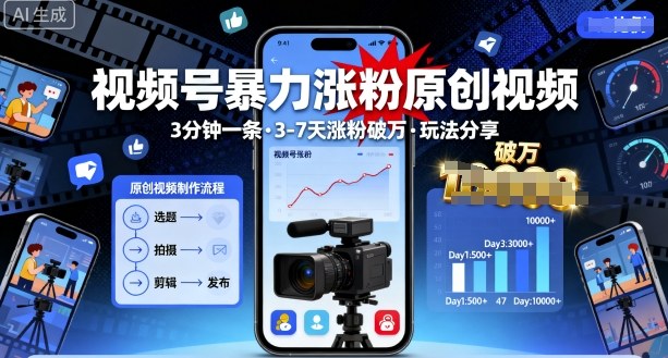 视频号爆栗涨粉原创视频，3分钟一条原创视频，3-7天涨粉破万，玩法分享给你