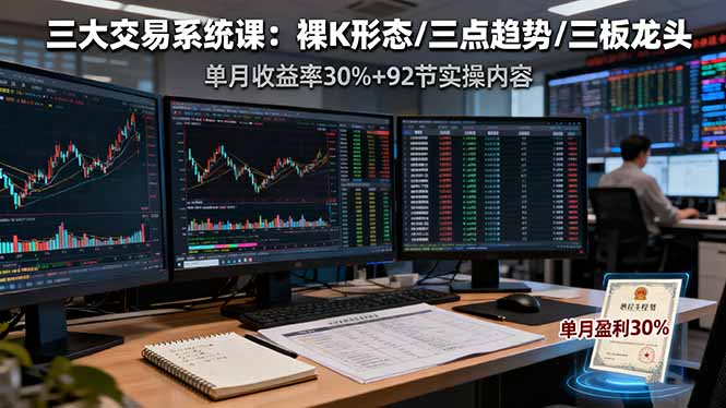 三大交易系统课：裸K形态/三点趋势/三板体系，单月收益率30%+92节实操内容