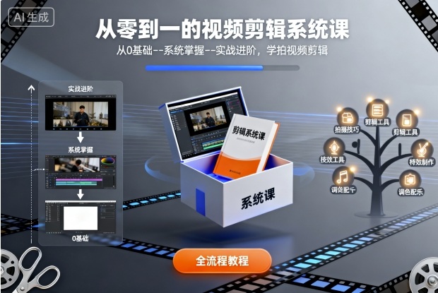 从零到一的视频剪辑系统课，从0基础–系统掌握–实战进阶，学拍视频剪辑