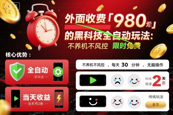 外面收费980的黑科技全自动玩法，不养机不风控，每天30分钟，无脑操作，当天收益2张