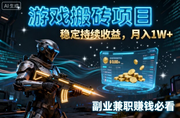 游戏搬砖项目，稳定持续收益，月入1W+，副业副业賺钱必看