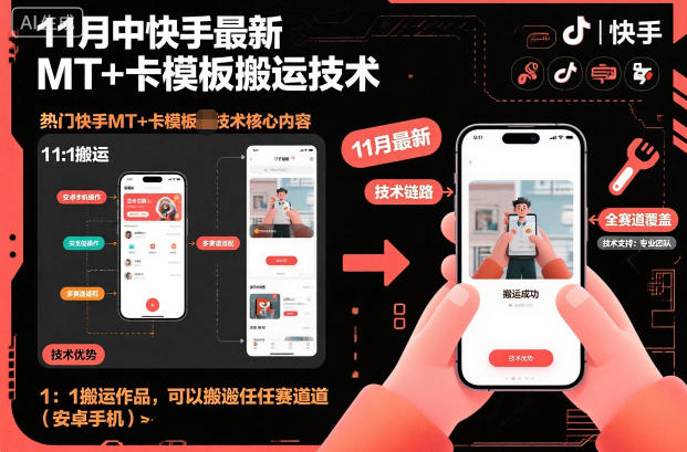 11月中快手MT+卡模板变现方法：1：1作品复制实操指南，任何赛道适用（安卓手机）