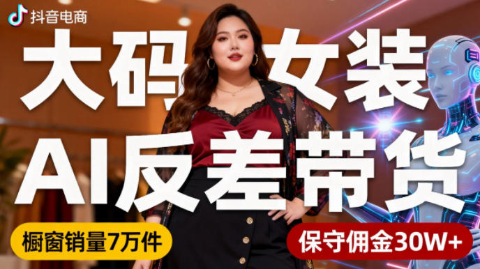 抖音小众赛道实操：大码女装AI反差带货策略，免直播日更6条，橱窗销售案例与高佣金变现指南