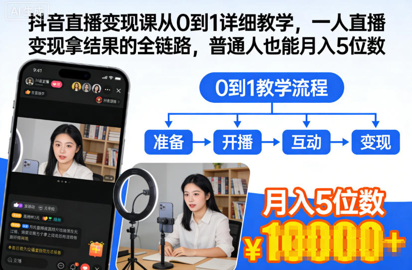 抖音直播变现课从0到1详细教学：一人直播变现全链路实操指南，普通人也能掌握的实用方法
