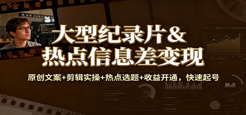 大型纪录片&热点信息差变现：原创文案+剪辑实操+热点选题+收益开通实战攻略