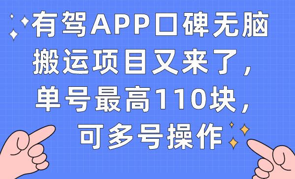 有驾APP口碑无脑搬运项目又来了，单号最高110块，可多号操作